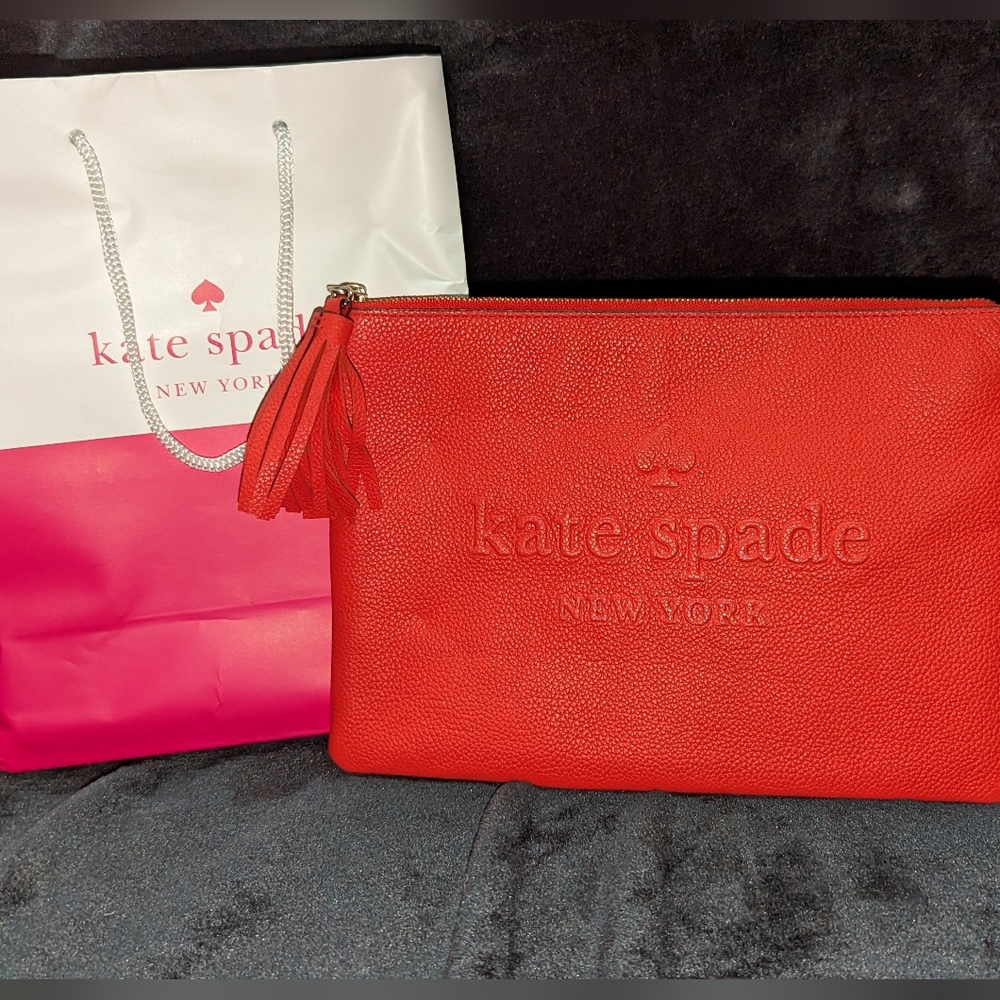 Kate Spade Leather Clutch Wristlet Pouch Red Tassel EUC w/KS Bag Brand Embossed